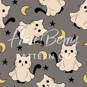 May include: A seamless pattern featuring cute ghost cats with black tails, yellow crescent moons, and black stars on a gray background. The text "Hazel Berry Pattern Co." is written in a stylized font.