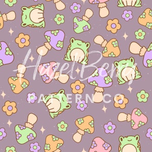 May include: A seamless pattern featuring green frogs, mushrooms, and flowers on a purple background. The mushrooms are in various colours, including pink, purple, green, and orange. The flowers are yellow and purple.