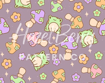 Groovy Frog Seamless Pattern, Mushroom Seamless File, Pastel Seamless Pattern, Frog Sublimation, Mushroom Digital Paper