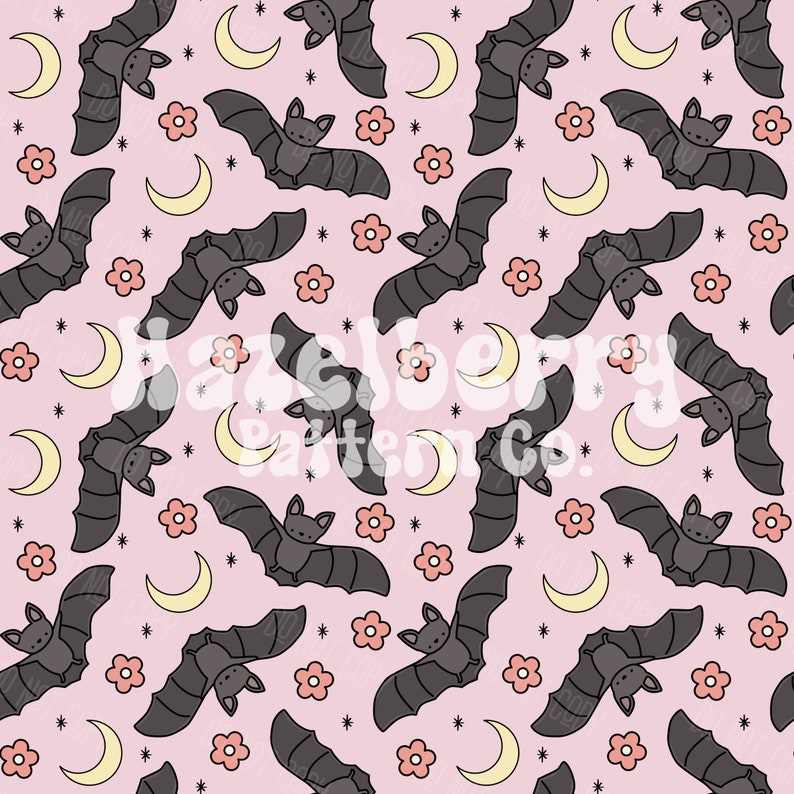 May include: A repeating pattern of cartoon bats, crescent moons, flowers, and stars on a pale pink backdrop. The bats are grey, the moons are yellow, the flowers are pink, and the stars are black.