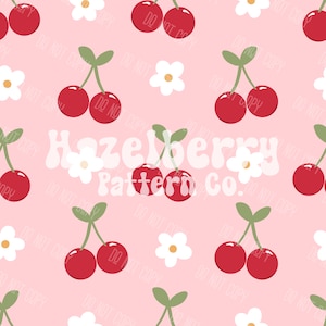 May include: A repeating pattern of red cherries with green stems and leaves, and white flowers on a light pink background. The text "Hazelberry Pattern Co." is visible in the center of the image. The cherries have the text "DO NOT COPY" on them.