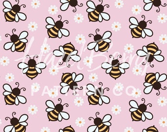 Spring Bees Seamless Pattern, Digital Download, Daisy Seamless Pattern, Bee Seamless with Pink Background