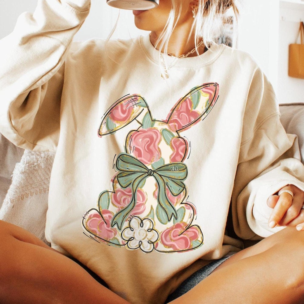 Snorider Design Floral Easter Shirt, Easter Sweatshirt, Coquette Bow Easter Tshirt, Easter Rabbit Shirt, Easter Shirts For Women, Easter Bunny Shirt