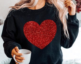 Glitter Valentine Sweatshirt and T-Shirt, Glitter Heart Valentines Day Shirt for Women Gift, Sparkly Love Shirts