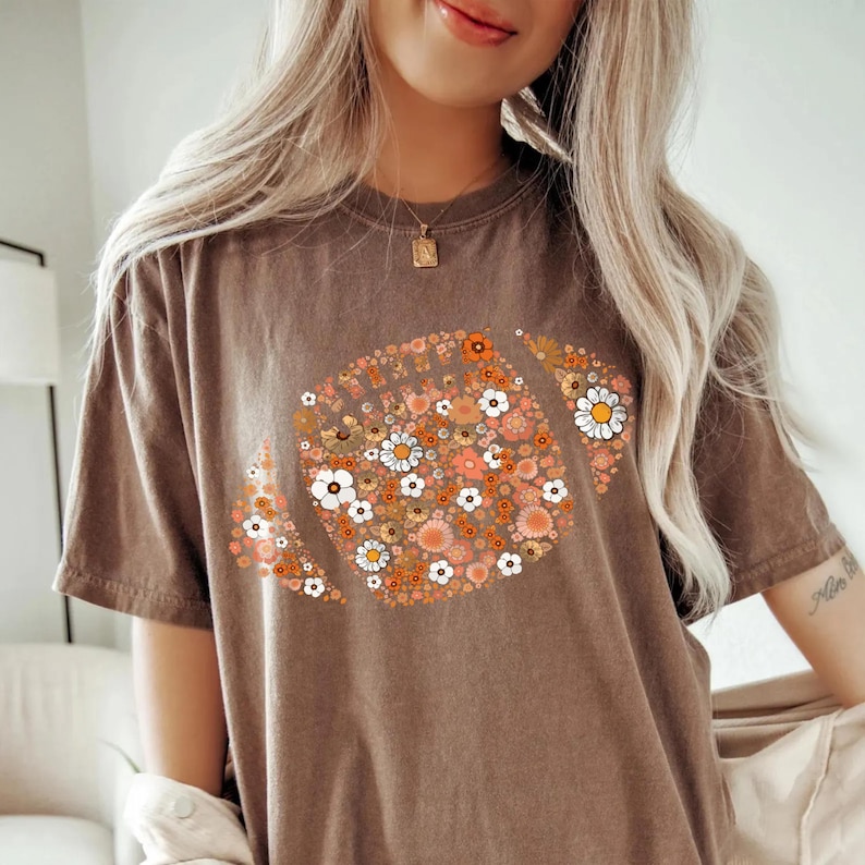 Comfort Colors® Football Shirt, Football Mom Shirt, Floral Football Shirts for Women, Fall Shirt, Football Season image 2