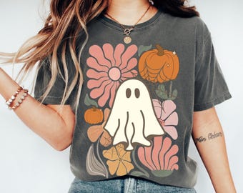 Comfort Colors® Floral Ghost Halloween Shirt, Pumpkin Fall Shirt, Boho Spooky Season T-Shirt