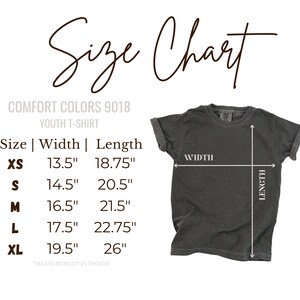 The image is a size chart for a youth t-shirt, providing measurements for different sizes (XS, S, M, L) and corresponding widths (13.5", 18.75", 14.5", 20.5", 16.5", 21.5", 17.5", 22.75", 19.5", and 26").