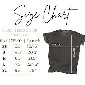 The image is a size chart for a youth t-shirt, providing measurements for different sizes (XS, S, M, L) and corresponding widths (13.5", 18.75", 14.5", 20.5", 16.5", 21.5", 17.5", 22.75", 19.5", and 26").