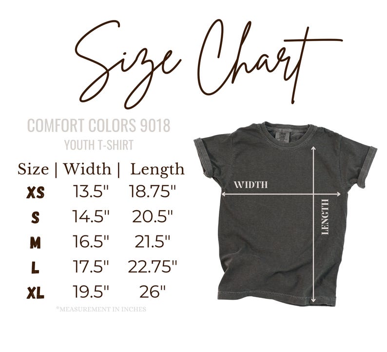 The image is a size chart for a youth t-shirt, providing measurements for different sizes (XS, S, M, L) and corresponding widths (13.5", 18.75", 14.5", 20.5", 16.5", 21.5", 17.5", 22.75", 19.5", and 26").