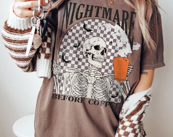 Comfort Colors® Halloween Shirt For Women, Coffee Halloween Shirt, Halloween Skeleton Shirt, Coffee Shirt