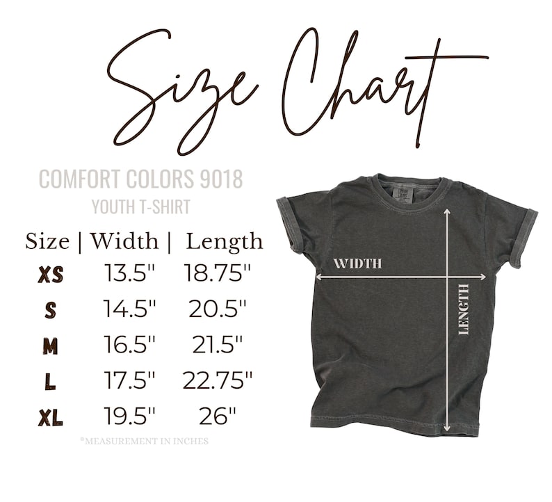 The image is a size chart for a youth t-shirt, providing measurements for different sizes (XS, S, M, L) and corresponding widths (13.5", 18.75", 14.5", 20.5", 16.5", 21.5", 17.5", 22.75", 19.5", and 26").