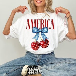 Comfort Colors® Memorial Day Shirt, Coquette 4th of July Shirt Women, Stars Stripes USA Flag Shirts, Red White Blue Shirts for Women