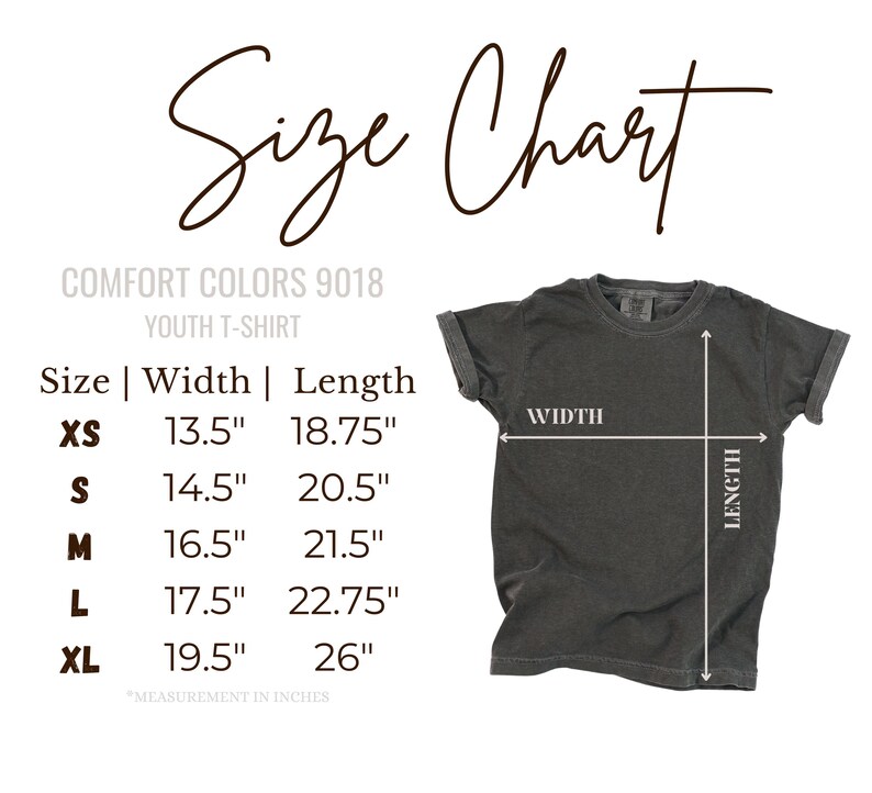 The image is a size chart for a youth t-shirt, providing measurements for different sizes (XS, S, M, L) and corresponding widths (13.5", 18.75", 14.5", 20.5", 16.5", 21.5", 17.5", 22.75", 19.5", and 26").