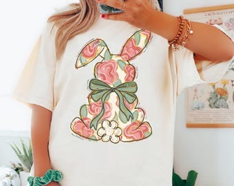 Comfort Colors® Floral Easter Shirt Women, Coquette Bow Easter Tshirt, Easter Bunny Shirt, Easter Rabbit Shirt