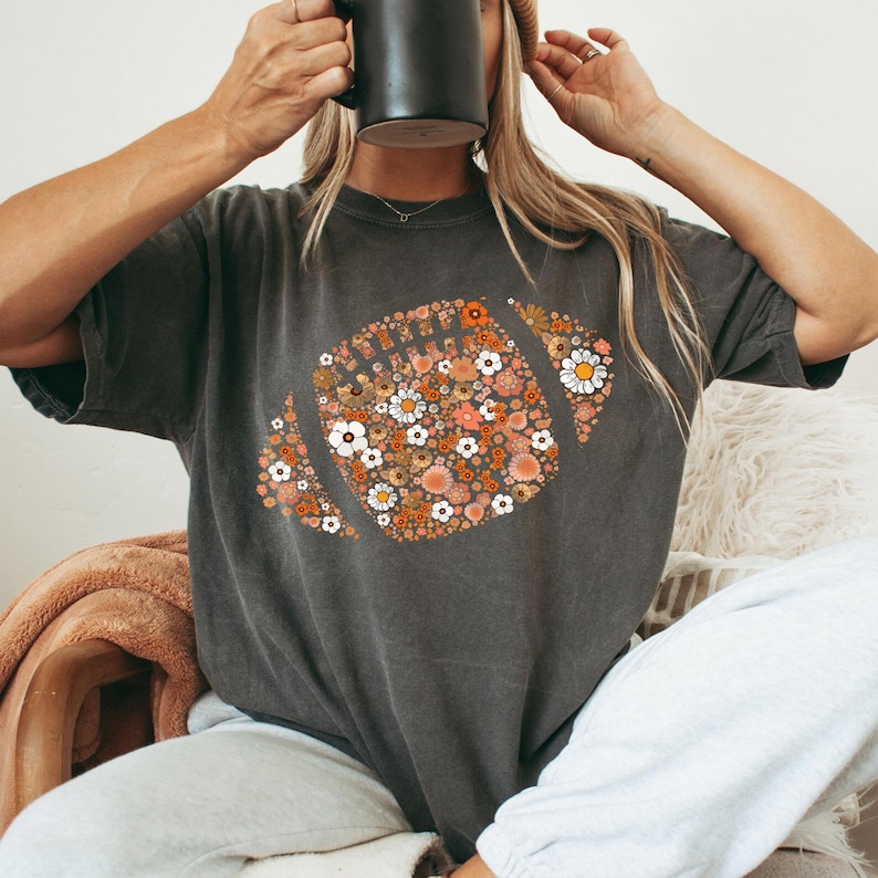 Comfort Colors® Football Shirt, Football Mom Shirt, Floral Football Shirts for Women, Fall Shirt, Football Season image 1