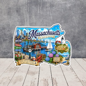 May include: A die-cut sticker shaped like the state of Massachusetts featuring a colorful illustration of the Boston skyline, a sailboat, a lighthouse, and a lobster. Text includes Massachusetts, The Spirit of America, Boston, and Cape Cod.