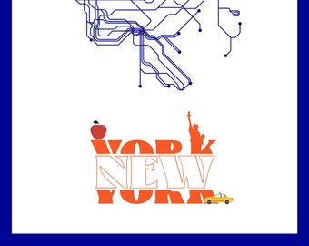 Puede incluir: Un mapa estilizado del sistema de metro de la ciudad de Nueva York con líneas azules y puntos negros. El texto "NEW YORK" está escrito en naranja con una manzana roja y una silueta de la Estatua de la Libertad. Un taxi amarillo se muestra en el lado derecho de la imagen.
