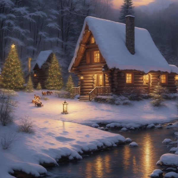 Cozy Christmas Log Cabin, Mountain Forest, Digital Painting, Printable Art, Wall Art, Nature, Camping, Hiking, River, Thomas Kinkade Style