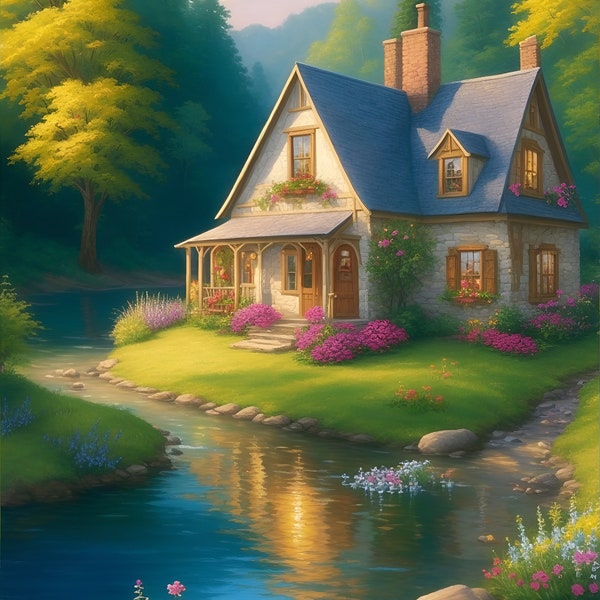 Quaint Stream Cottage Digital Painting, Forest, Camping, Hiking, River, Digital Art, Printable Art, Wall Art, Nature, Thomas Kinkade Style