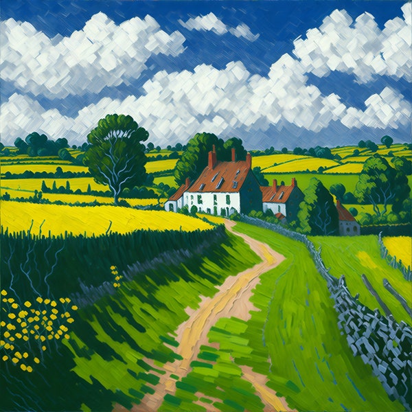British Countryside Digital Painting, Hills and Fields, Van Gogh Style Inspired, AI Art, Digital Art, Printable Art, Wall Art, Vintage Art