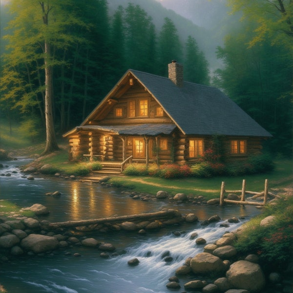 Peinture numérique confortable de cabane en rondins, forêt de montagne, art numérique, art imprimable, art mural, nature, camping, randonnée, rivière, style Thomas Kinkade