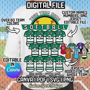 Custom Softball Team Digital File, Softball Canva Editable, Softball Jersey SVG, Custom Softball File, Custom Softball PNG, Softball Custom