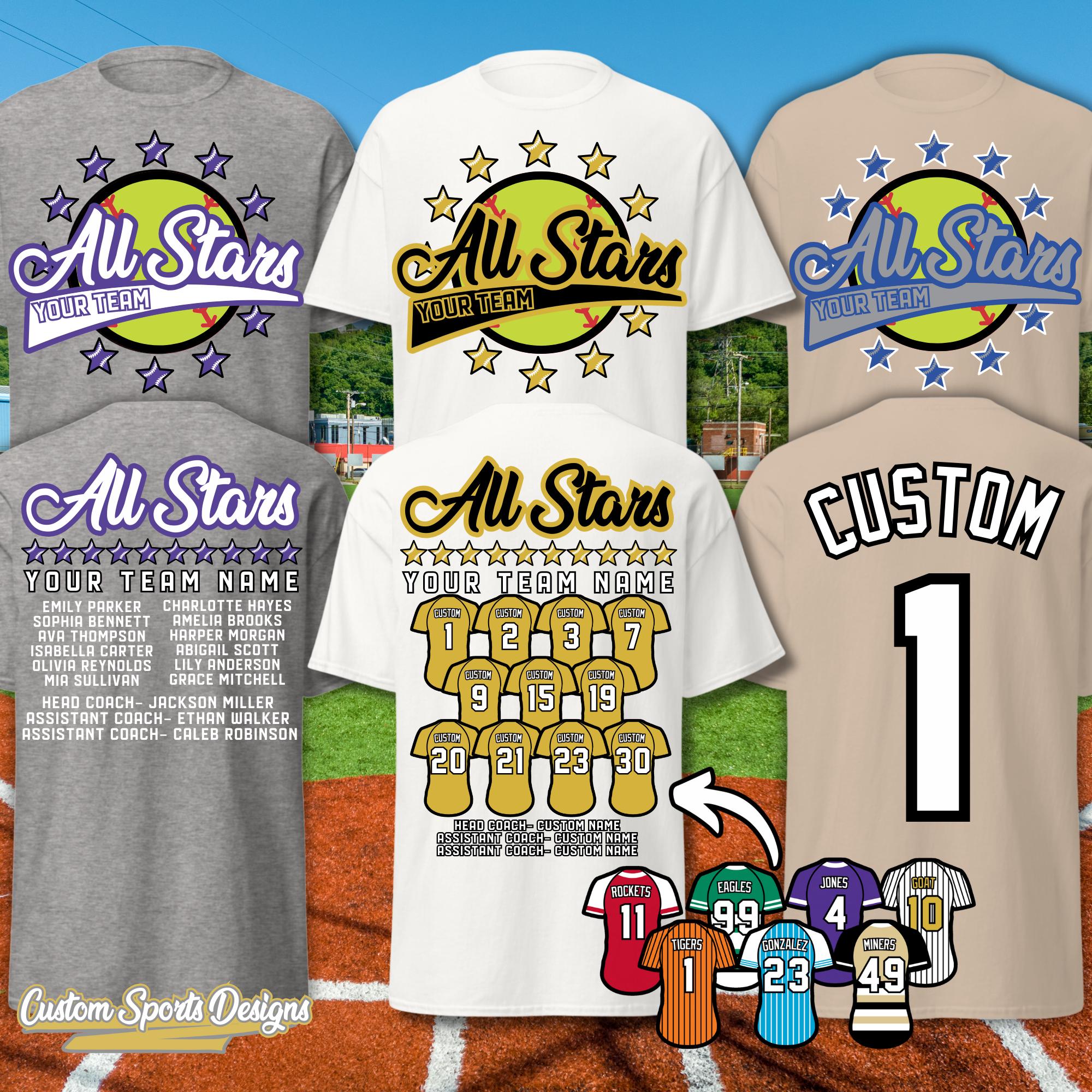 Custom All Star Softball T-Shirt, Sports Shirt, Sports Design, Fast Pitch Long Sleeve, Personalized Tee Shirt, Baseball League, Team Mom