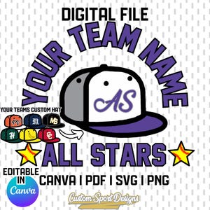 Custom All Star Softball Design, Personalized, Baseball Canva, Editable, All Star svg, All Star, All-Stars, Mascot, png, pdf, Softball Hat