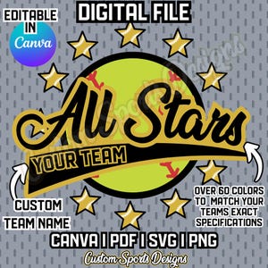 Custom Softball All Star Team Design, Personalized Fast Pitch Stars Graphic, Canva, PNG, SVG, Little League Softball Player, Softball Club