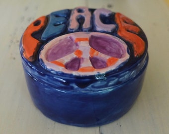 Peace aardewerk/blauw, ronde keramische doos