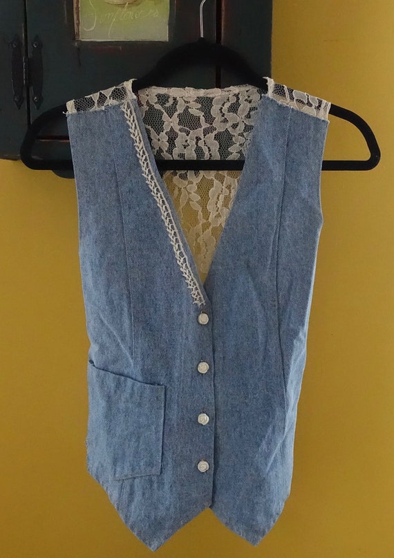 Handmade Light Blue Denim and Lace Vest / XS