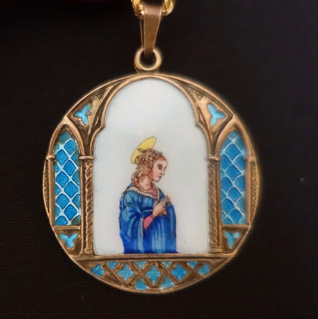 Peaceful Pendant. Silver, Antique Enamel Saint Medal, Early 1900s 
