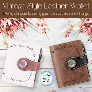 May include: Two vintage-style leather wallets. One is white with a brown accent and a pink flower clasp. The other is brown with a black accent and a gold flower clasp. The text reads "Vintage Style Leather Wallet" and "Plenty of room to carry your cards, cash and change."
