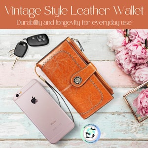 May include: A vintage-style, brown leather wallet with a decorative button closure, keys, and a smartphone. The image includes the text "Vintage Style Leather Wallet" and "Durability and longevity for everyday use."