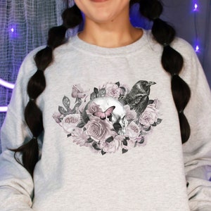 Goth Raven Roses & Skull Sweatshirt, Whimsigoth Goblincore Jumper, Dark Fantasy Gift, Floral Skull Present, Witchcore Dark Academia Pullover