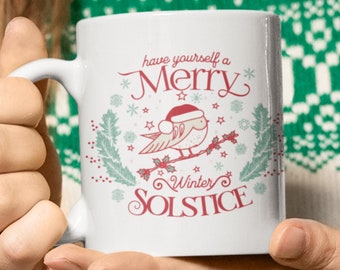 Have a Merry Winter Solstice Mug 11oz, Pagan Drinkware Gift, Wiccan Vintage Inspire Cup, Bird Yule Present, Witchy Holiday Mug, Folk Magic