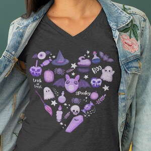 Halloween Doodles Pastel V Neck T-shirt, Bats & Ghosts Tee, Cute Witchy Shirt, Spooky Gift, Whimsigoth All Hallows Eve, Witchcore Plus Size Dark Grey Heather
