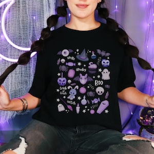 Halloween Doodles Pastel T-shirt, Bats & Ghosts Tee, Cute Witchy Shirt, Spooky Tshirt Gift, Whimsigoth All Hallows Eve, Witchcore Plus Size