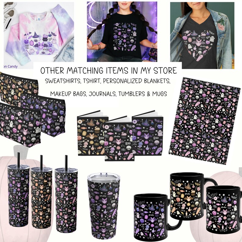 Pu&ograve; includere: Una collezione di prodotti a tema Halloween con un motivo bianco e nero con accenti viola, rosa e arancioni. Il motivo include varie icone di Halloween come fantasmi, pipistrelli, zucche e mais caramellato. I prodotti includono una t-shirt, una felpa, una trousse da trucco, un diario, un bicchiere e una tazza.