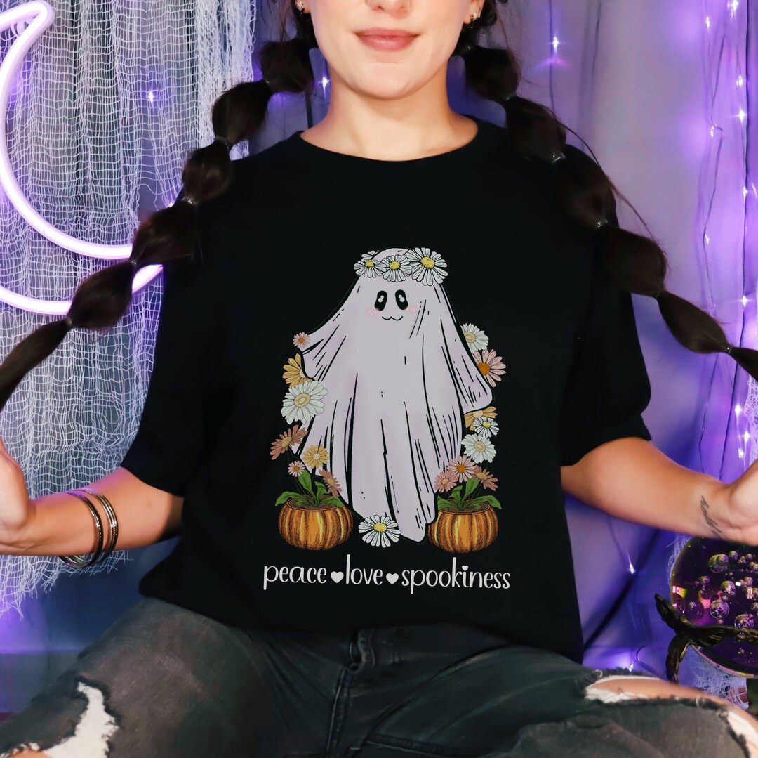 Halloween Retro Ghost Floral Tshirt, Peace Love Spookiness Tee, Cute ...