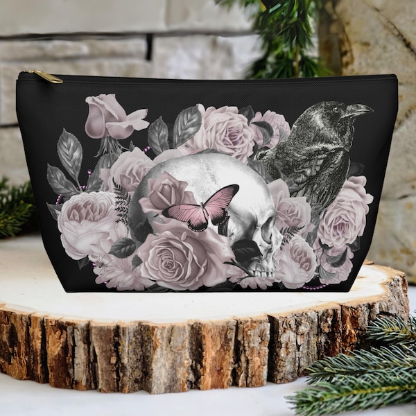 Goth Raven Roses & Skull Accessory Bag, Whimsigoth Crystal Pouch Gift, Goblincore Pencil Case, Floral Skull Present, Witchcore Dark Academia