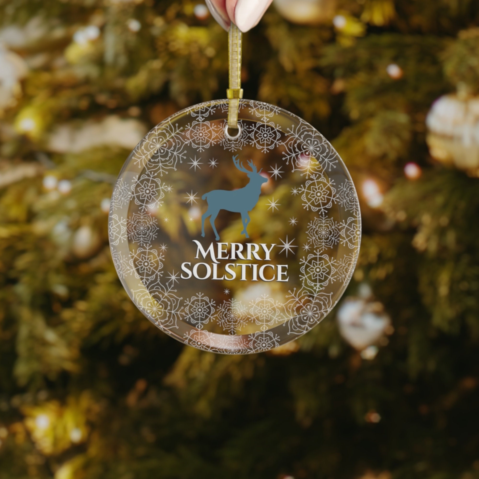 Stag Merry Solstice Glass Yule Ornament, Pagan Gift, Wiccan Holiday Present, Wicca, Paganism