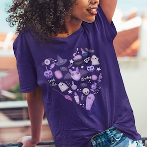 Halloween Doodles Pastel V Neck T-shirt, Bats & Ghosts Tee, Cute Witchy Shirt, Spooky Gift, Whimsigoth All Hallows Eve, Witchcore Plus Size Team Purple