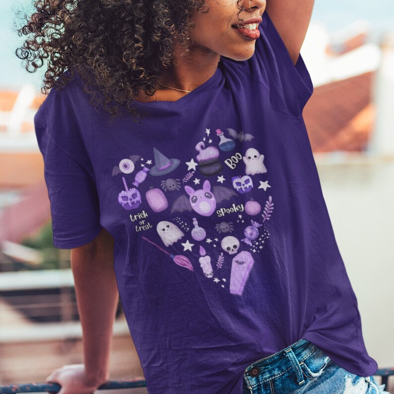 Halloween Doodles Pastel V Neck T-shirt, Bats & Ghosts Tee, Cute Witchy Shirt, Spooky Gift, Whimsigoth All Hallows Eve, Witchcore Plus Size Team Purple