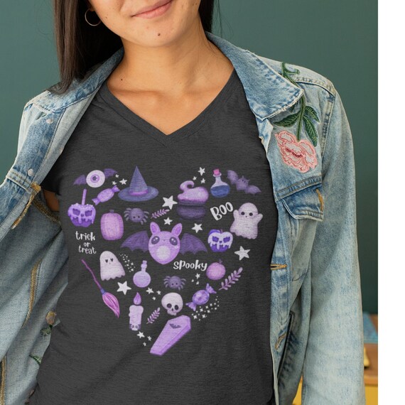 Halloween Doodles Pastel V Neck T-shirt, Bats & Ghosts Tee, Cute Witchy Shirt, Spooky Gift, Whimsigoth All Hallows Eve, Witchcore Plus Size