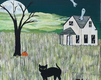Original Halloween Folk Art Painting: Black Cat, Haunted House