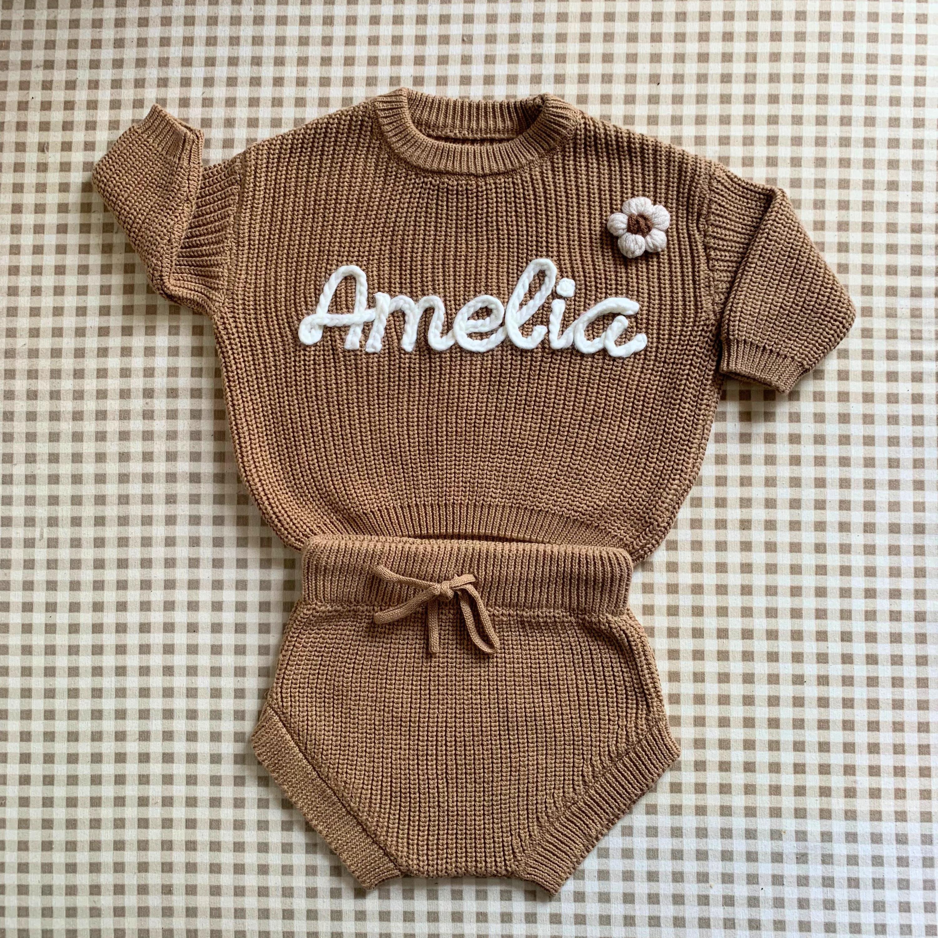 Custom Baby Name Sweater and Bloomer Shorts Set- Personalized Embroidered Knit Romper, Birth Announcement Coming Home Outfit, Newborn Photos
