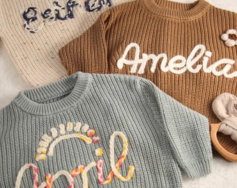 Personalized Baby Name Sweater- Embroidered Name Sweater Romper, Custom Knit Name Sweater Toddler, Chunky Name Sweater Monogramed Embroidery