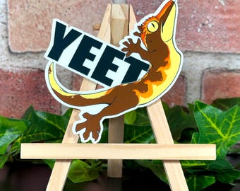 Crestie YEET Sticker, a leaping Crested Gecko, 3" x 2.9" Water Resistant Die Cut Sticker, a funny and cute gift for anyone