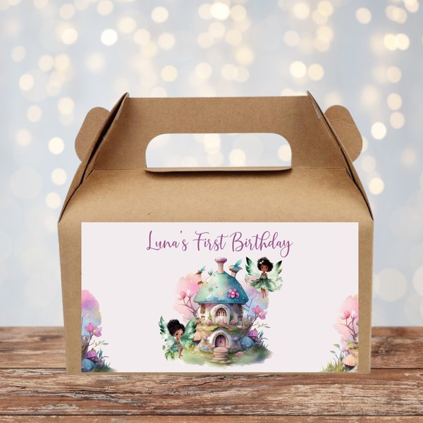 Editable Fairy Garden Birthday Treat Box Label Wildflower Enchanted Forest Princess Party Afro Fairy Printable Whimsical Party Favors 1598